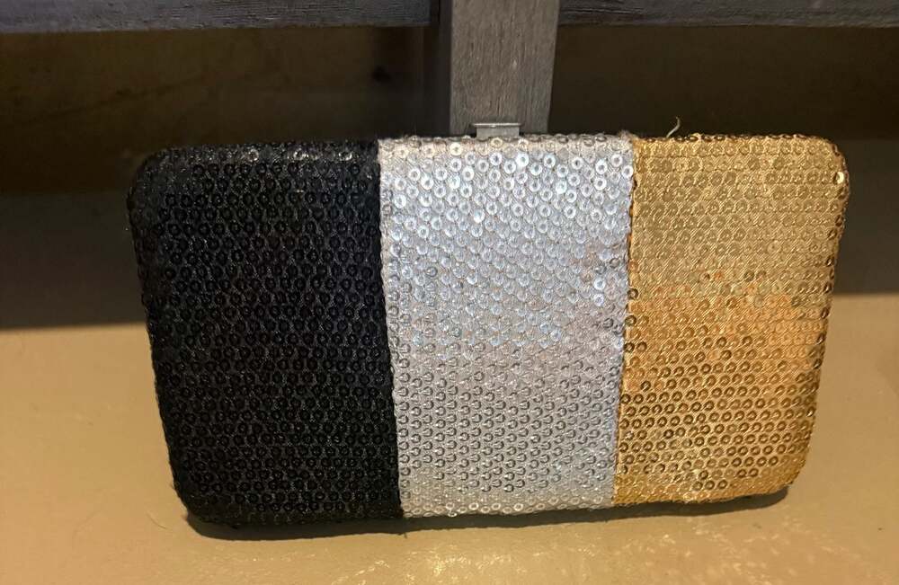 Tri-Color Sequin Frame Clutch Wallet Black Silver Gold. Dressy or Dressy Casual